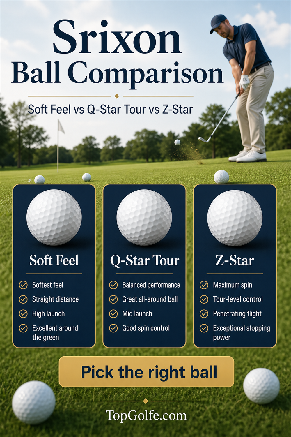 Pinterest-style comparison graphic for Srixon Soft Feel, Q-Star Tour, and Z-Star golf balls